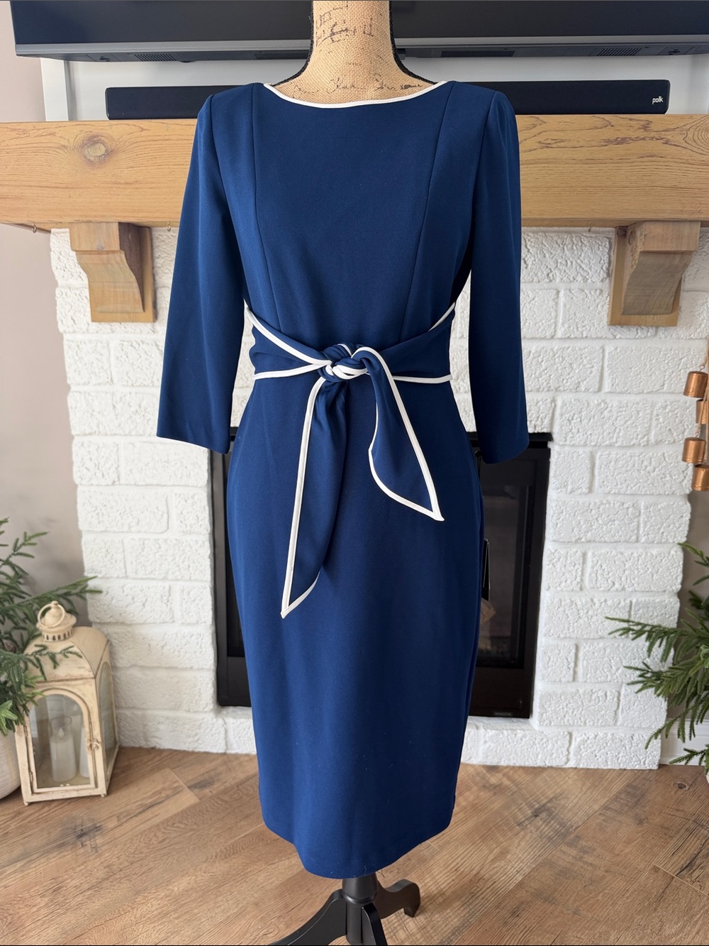 Adrianna Papell Navy Midi Dress with White Trim and Bow Waist